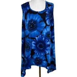 Only 9 Floral Sleeveless Tunic Top Women 4X Blue Sharkbite Hem Poppy Print